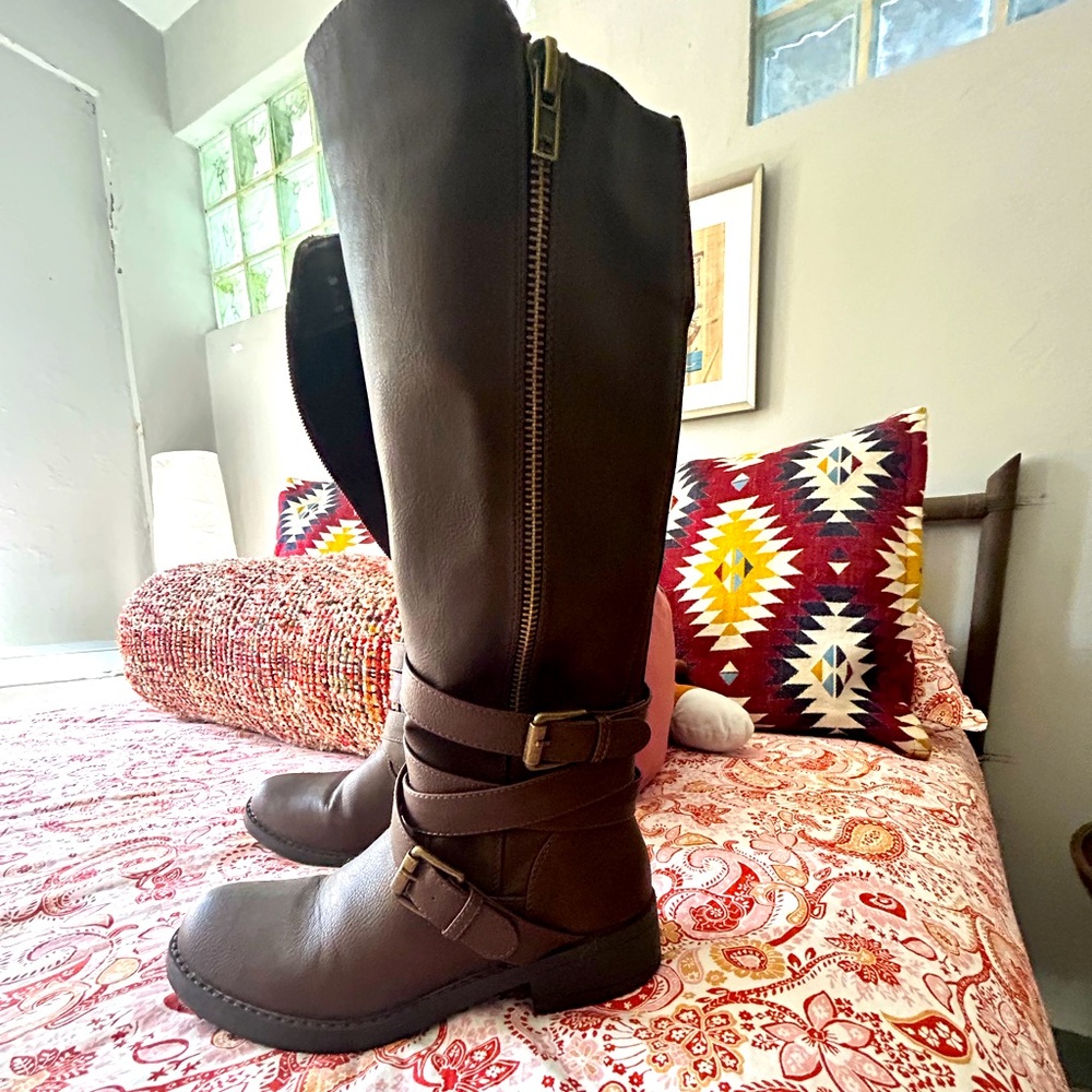 Faux leather knee high brown boots